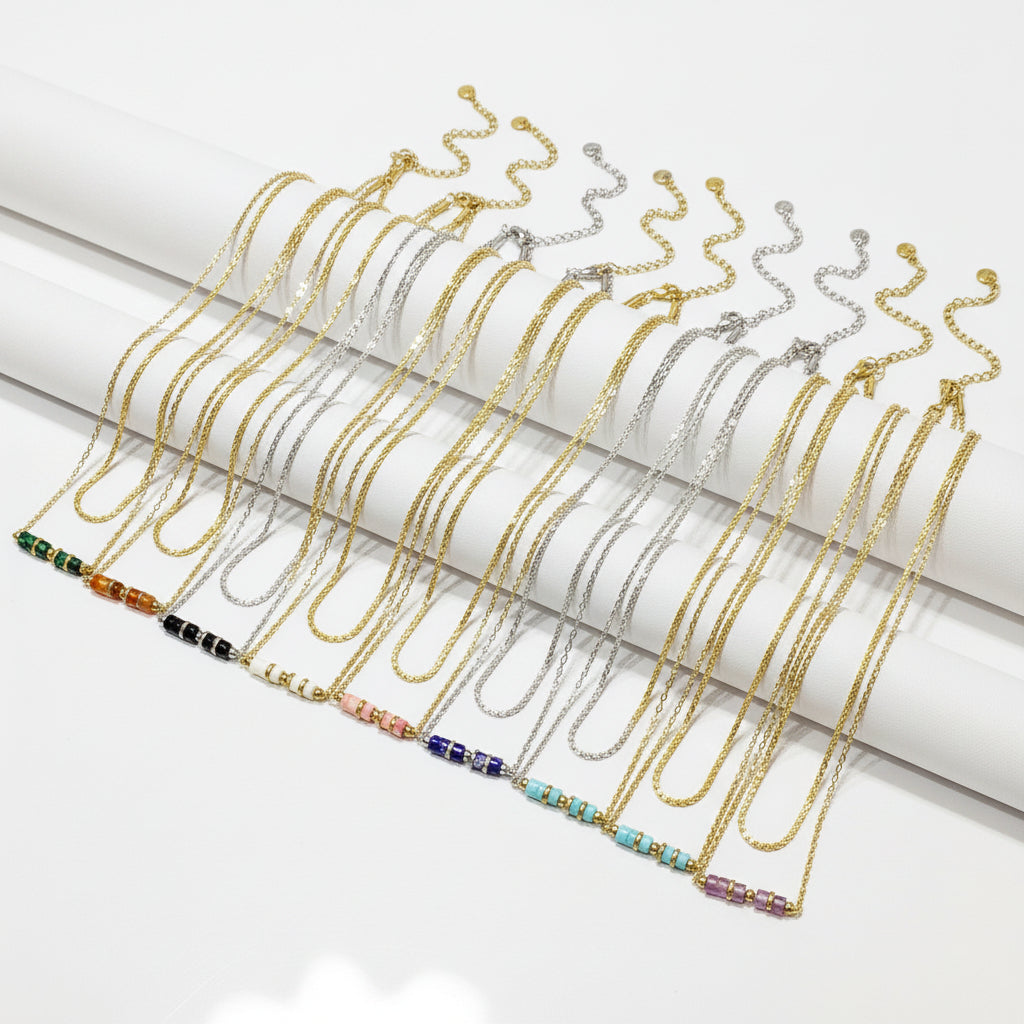 Linda's Look Stone Bar Layered Necklace - 18K Gold Plated Twist Chain