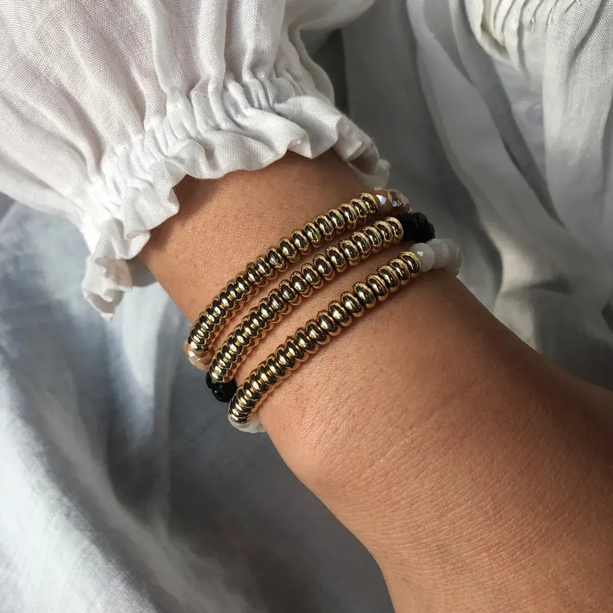 Linda's Look Sunlit Stack Stretch Bracelet - Gold Disc Beads with Faceted Crystals