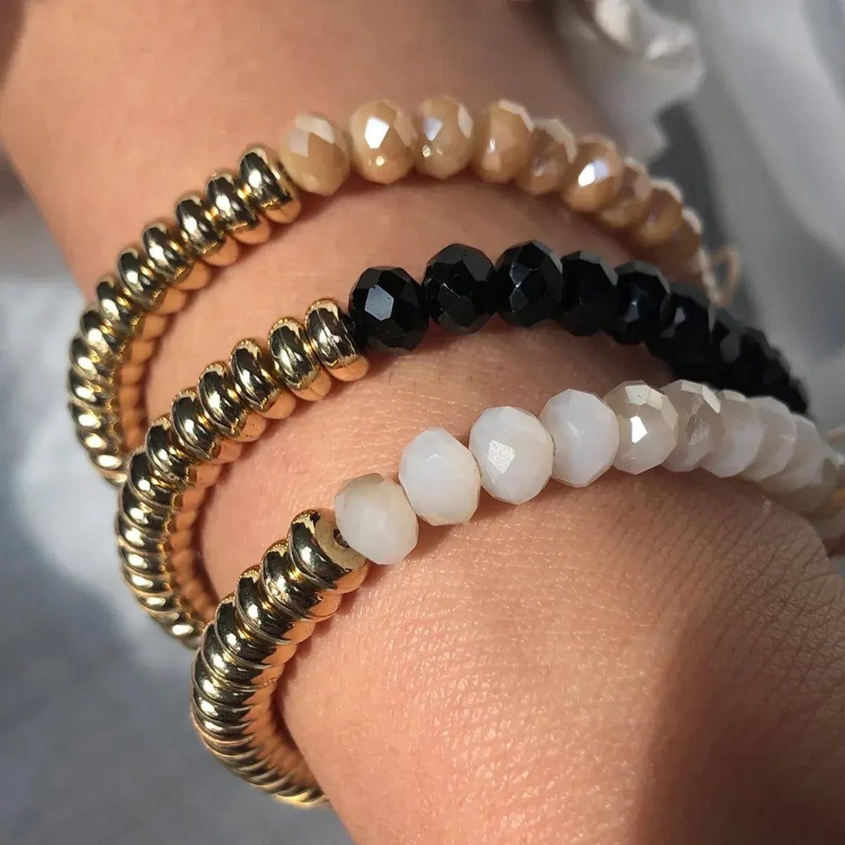 Linda's Look Sunlit Stack Stretch Bracelet - Gold Disc Beads with Faceted Crystals