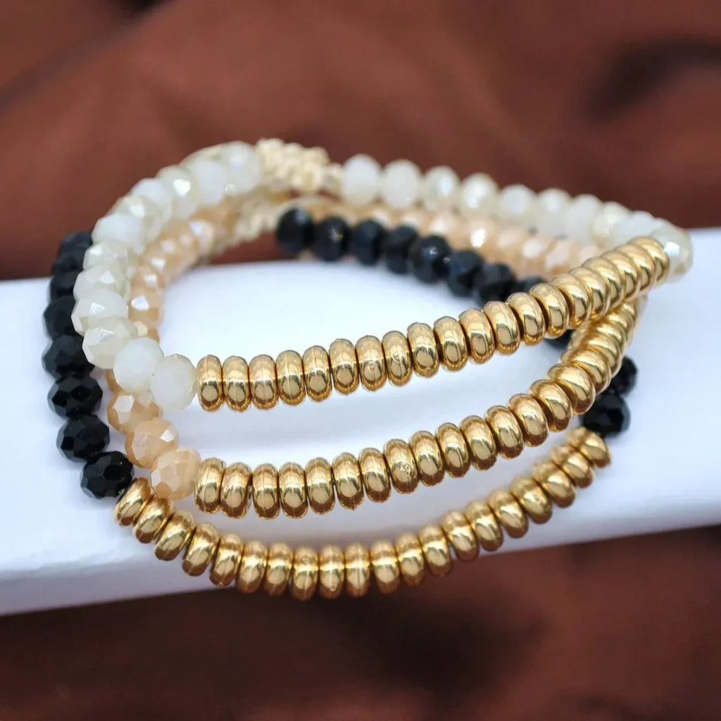 Linda's Look Sunlit Stack Stretch Bracelet - Gold Disc Beads with Faceted Crystals