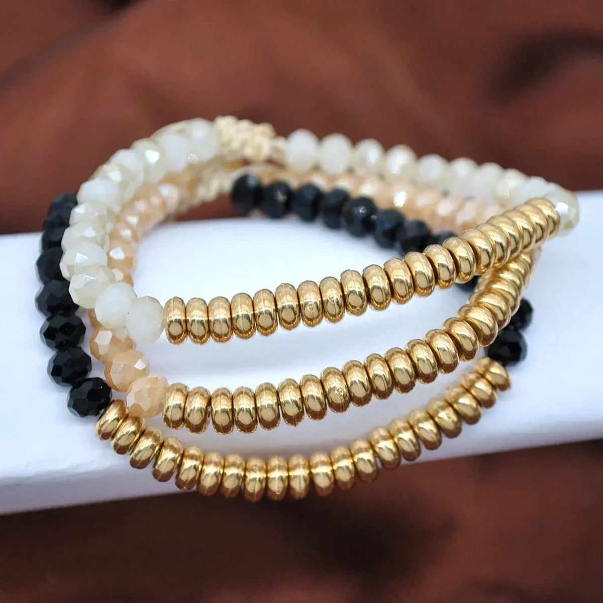 Linda's Look Sunlit Stack Stretch Bracelet - Gold Disc Beads with Faceted Crystals
