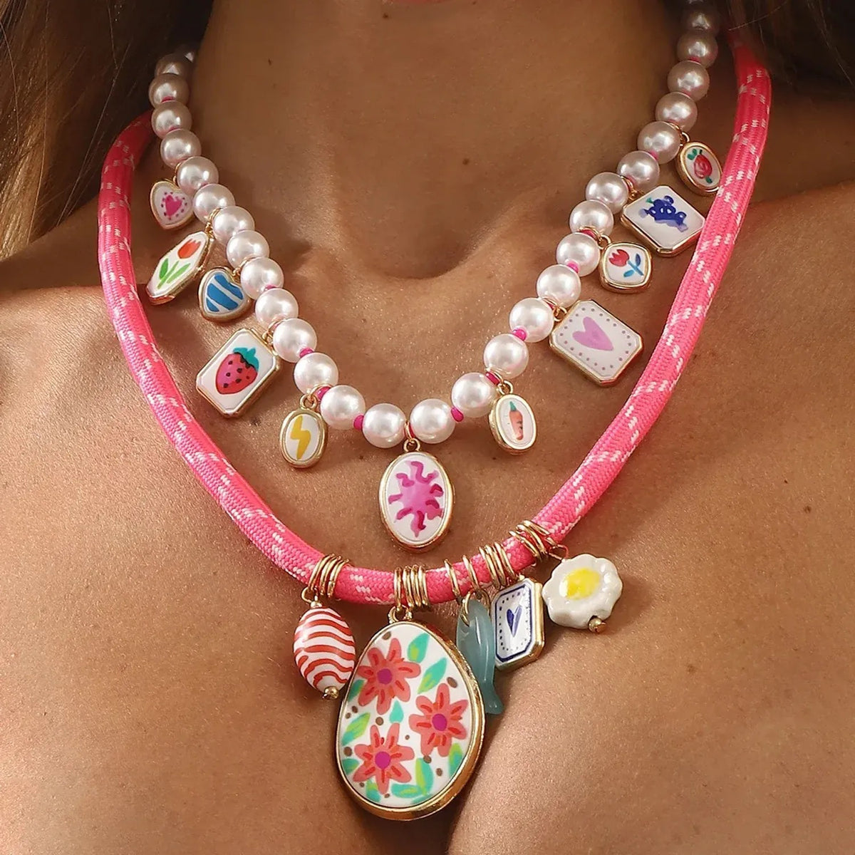 Linda's Look Sunset Cove Charm Necklace - Painted Heart, Flower and Pearl Multi-Pendant