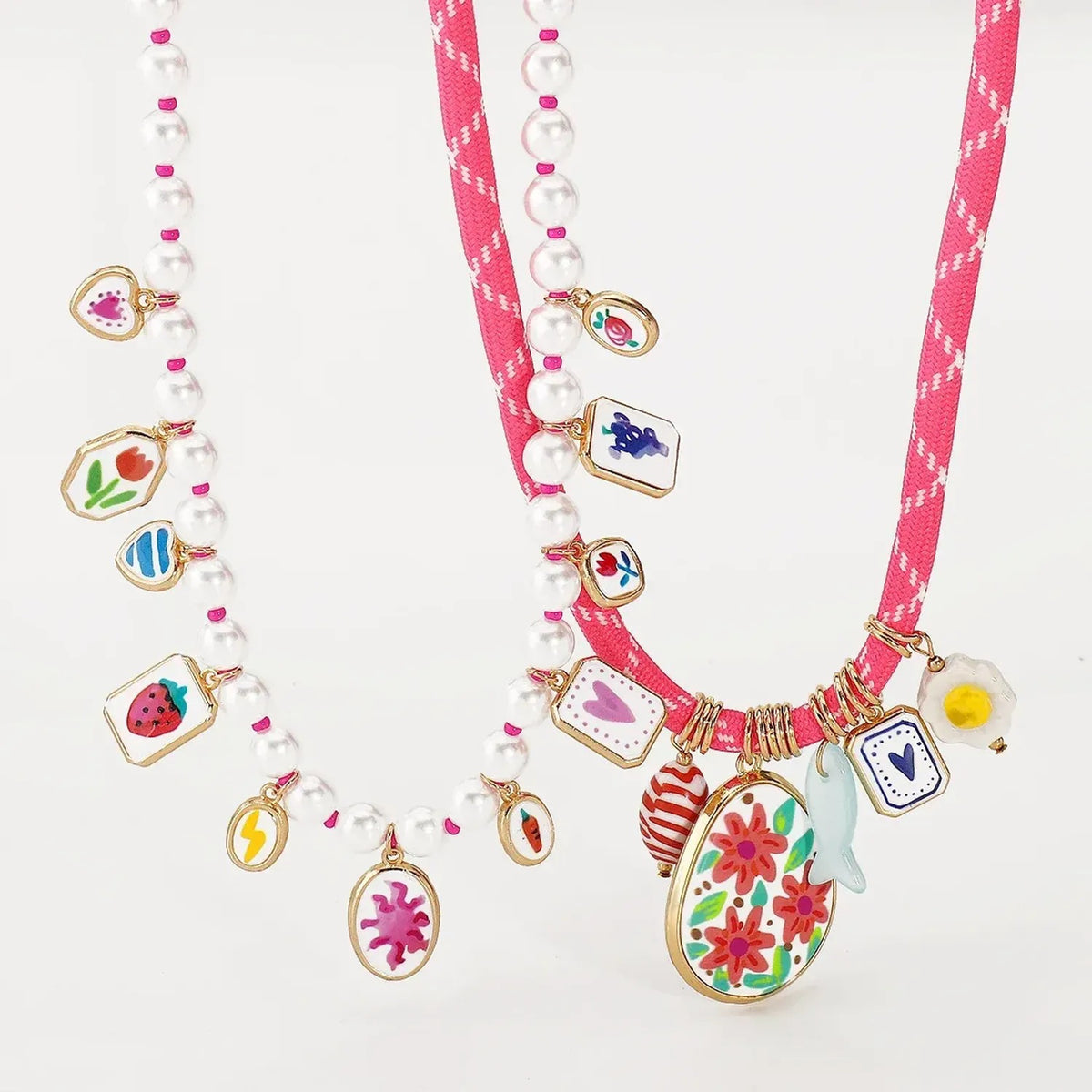 Linda's Look Sunset Cove Charm Necklace - Painted Heart, Flower and Pearl Multi-Pendant