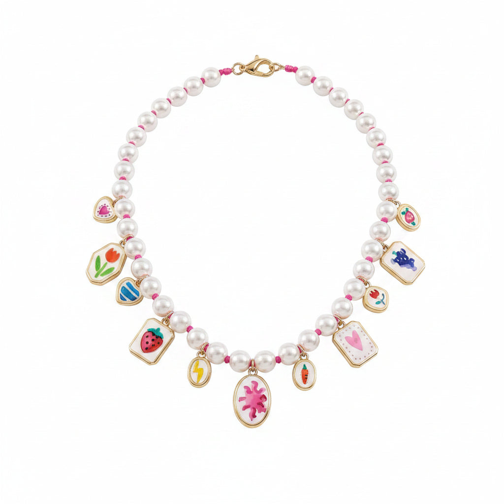 Linda's Look Sunset Cove Charm Necklace - Painted Heart, Flower and Pearl Multi-Pendant