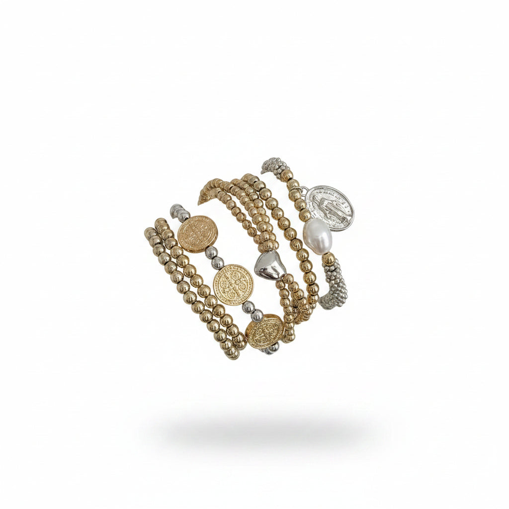 Linda's Look Sweetheart Bead and Tassel Bracelet - Heart Charm Drop in Gold or White Gold Tone