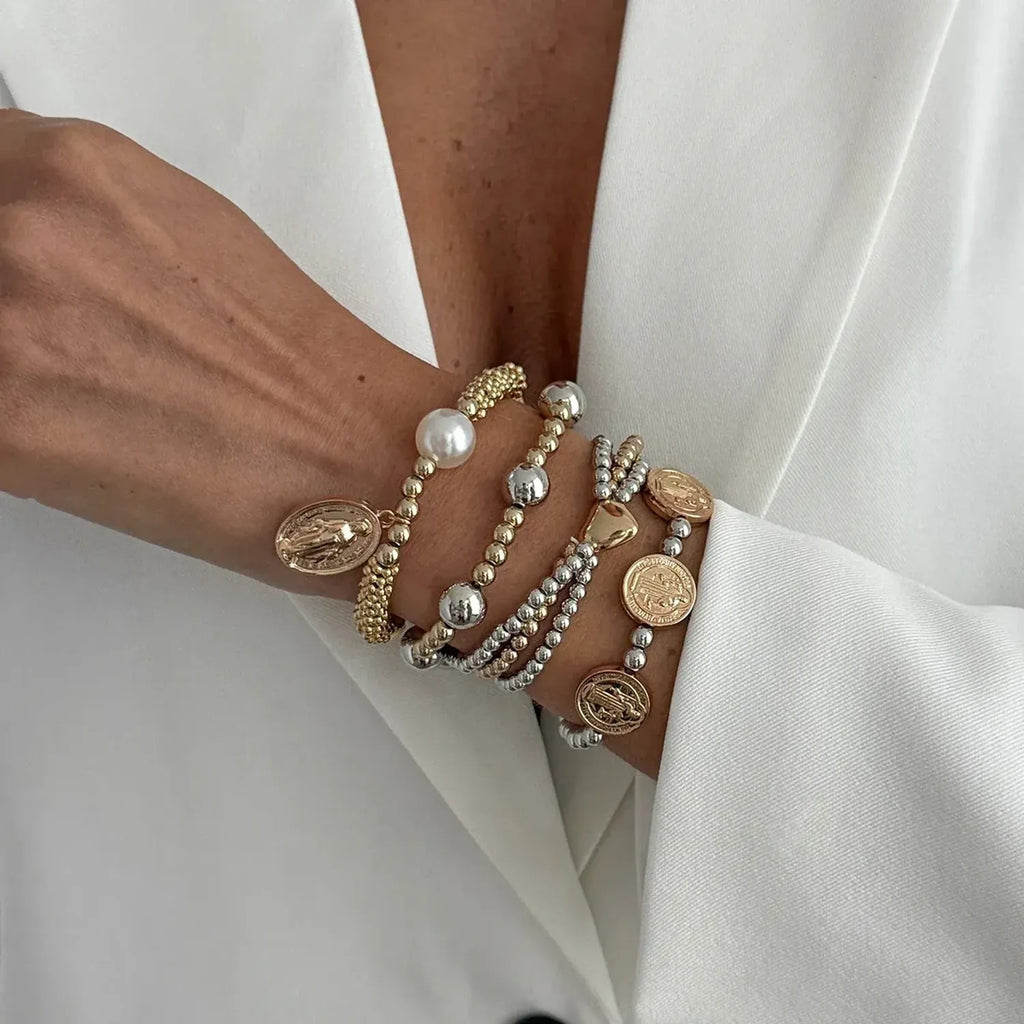 Linda's Look Sweetheart Bead and Tassel Bracelet - Heart Charm Drop in Gold or White Gold Tone