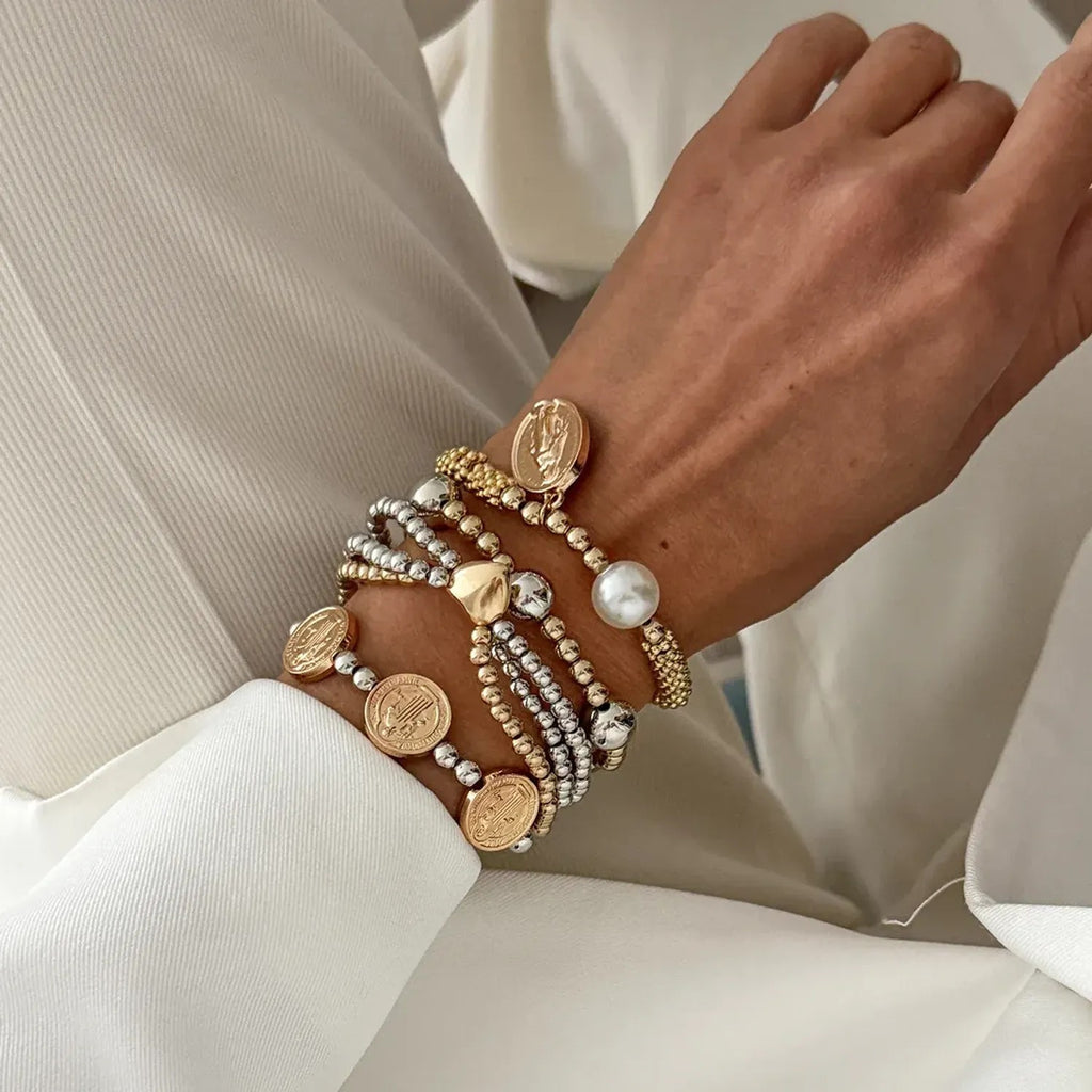 Linda's Look Sweetheart Bead and Tassel Bracelet - Heart Charm Drop in Gold or White Gold Tone