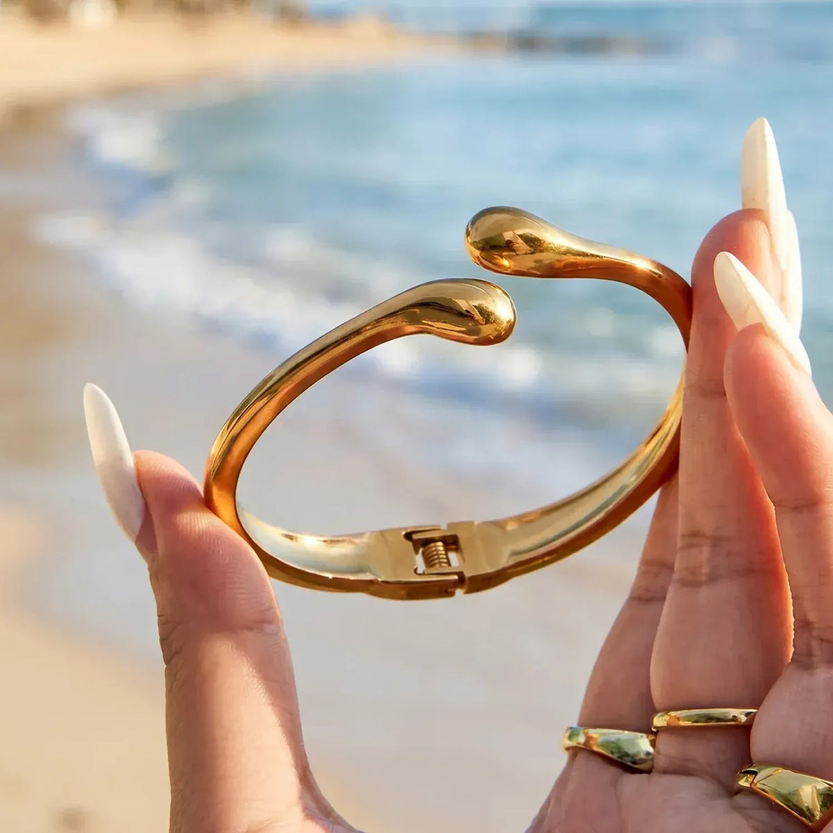 Teardrop Tip Open Cuff Bangle - Stainless Steel Minimalist Bracelet