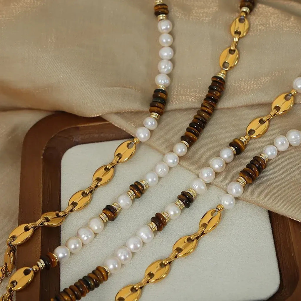 Linda's Look Tiger's Eye and Pearl Beaded Set - Vintage Titanium Steel Necklace and Bracelet