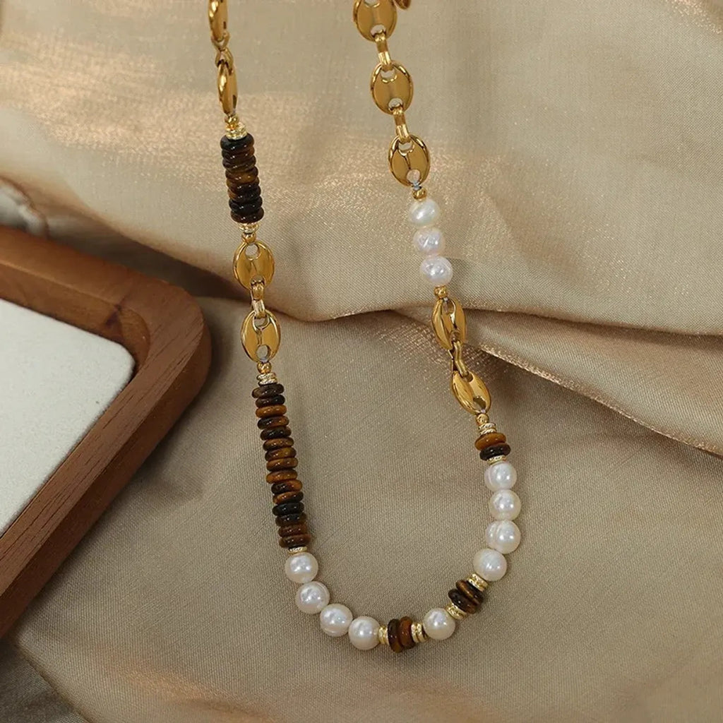 Linda's Look Tiger's Eye and Pearl Beaded Set - Vintage Titanium Steel Necklace and Bracelet