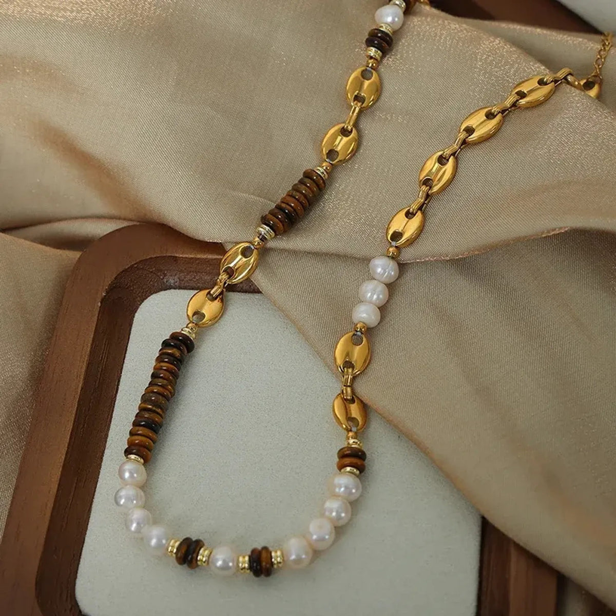 Linda's Look Tiger's Eye and Pearl Beaded Set - Vintage Titanium Steel Necklace and Bracelet