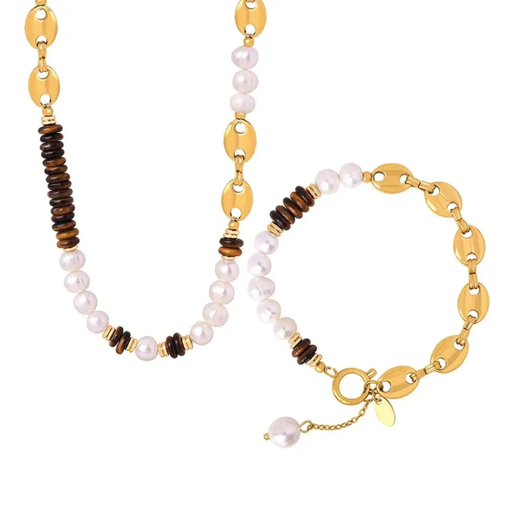 Linda's Look Tiger's Eye and Pearl Beaded Set - Vintage Titanium Steel Necklace and Bracelet