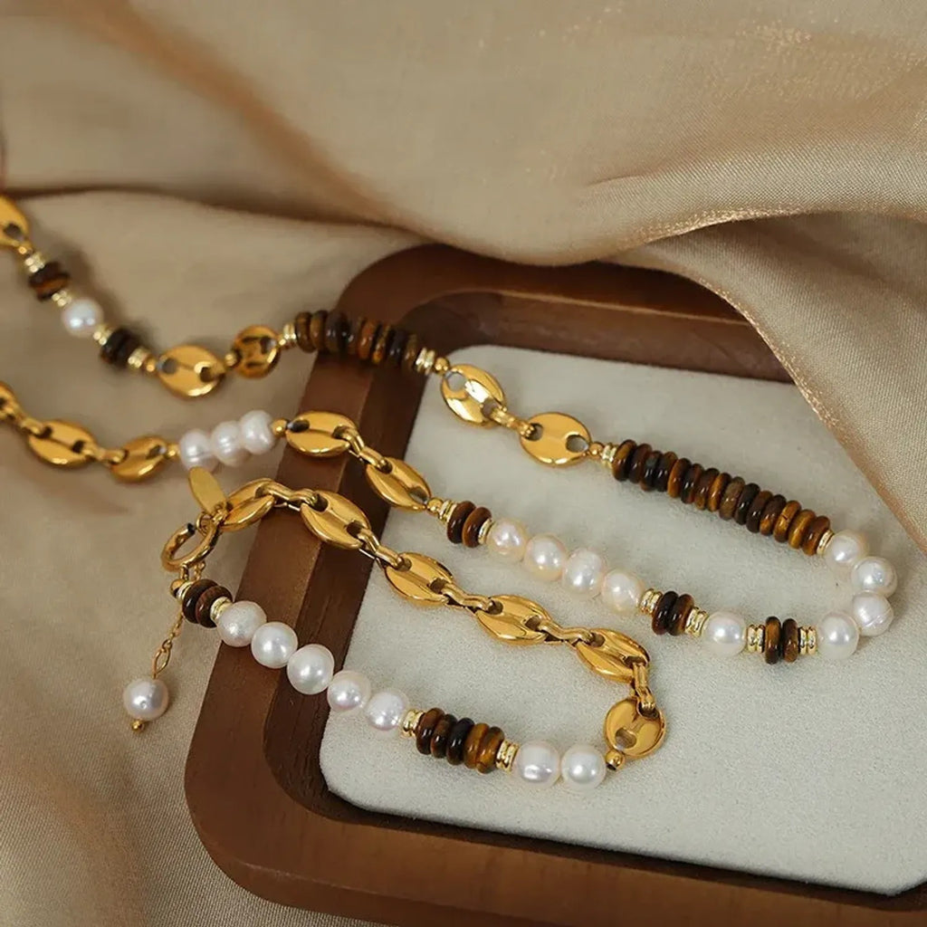 Linda's Look Tiger's Eye and Pearl Beaded Set - Vintage Titanium Steel Necklace and Bracelet