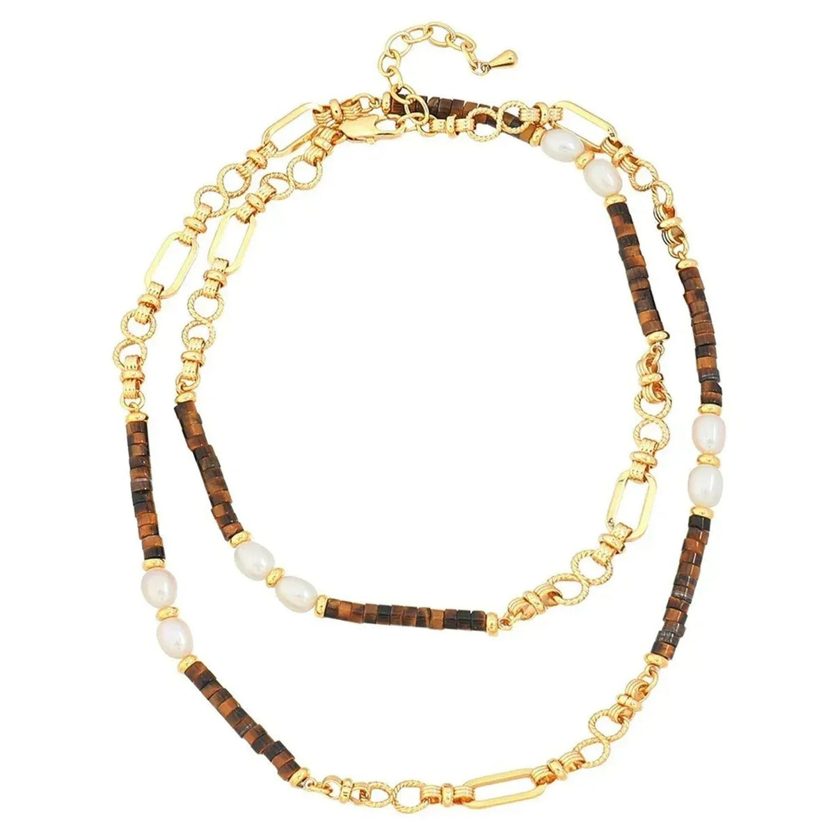 Linda's Look Vintage Tiger's Eye Beaded Necklace - Hand-Strung Stainless Steel Pendant