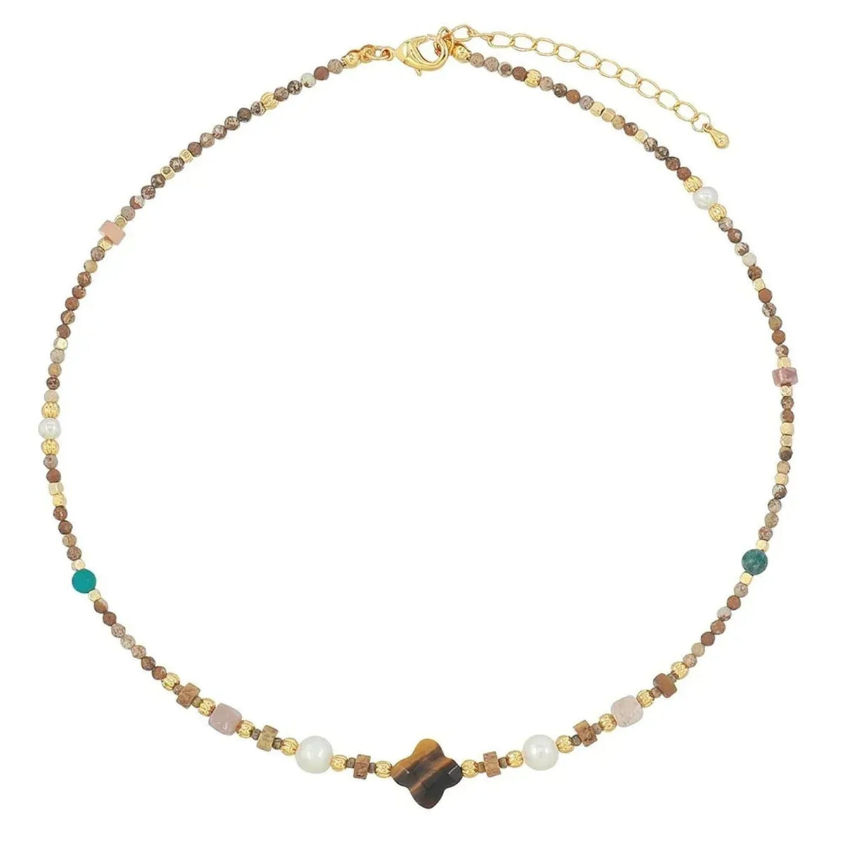 Linda's Look Vintage Tiger's Eye Beaded Necklace - Hand-Strung Stainless Steel Pendant