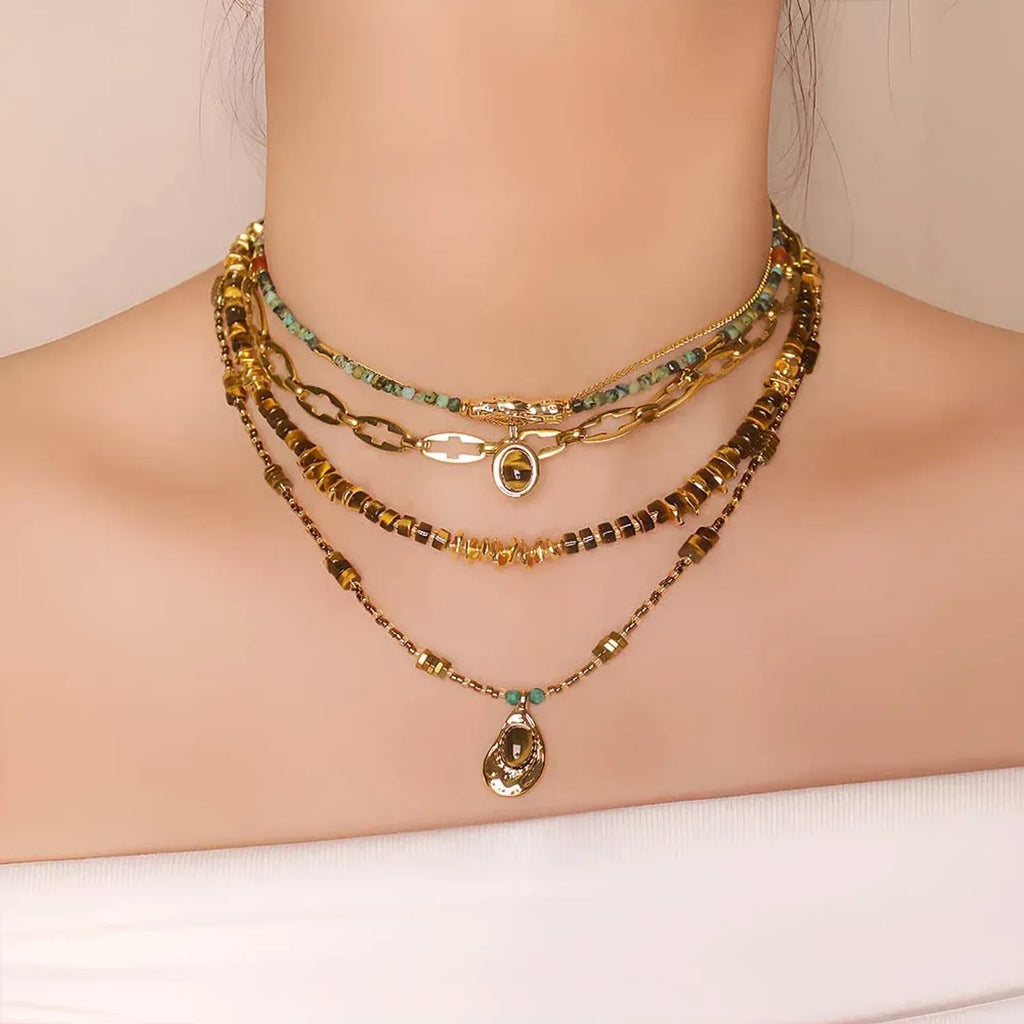 Linda's Look Vintage Tiger's Eye Beaded Necklace - Hand-Strung Stainless Steel Pendant