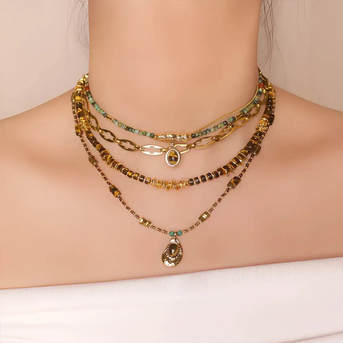 Linda's Look Vintage Tiger's Eye Beaded Necklace - Hand-Strung Stainless Steel Pendant