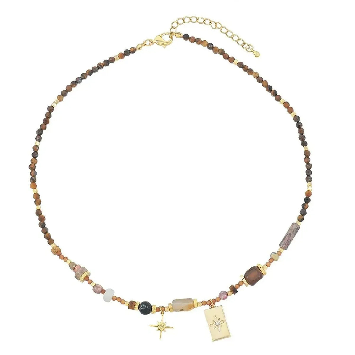 Linda's Look Vintage Tiger's Eye Beaded Necklace - Hand-Strung Stainless Steel Pendant