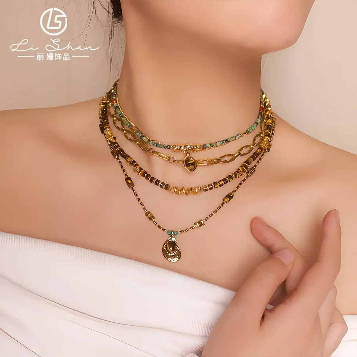 Linda's Look Vintage Tiger's Eye Beaded Necklace - Hand-Strung Stainless Steel Pendant