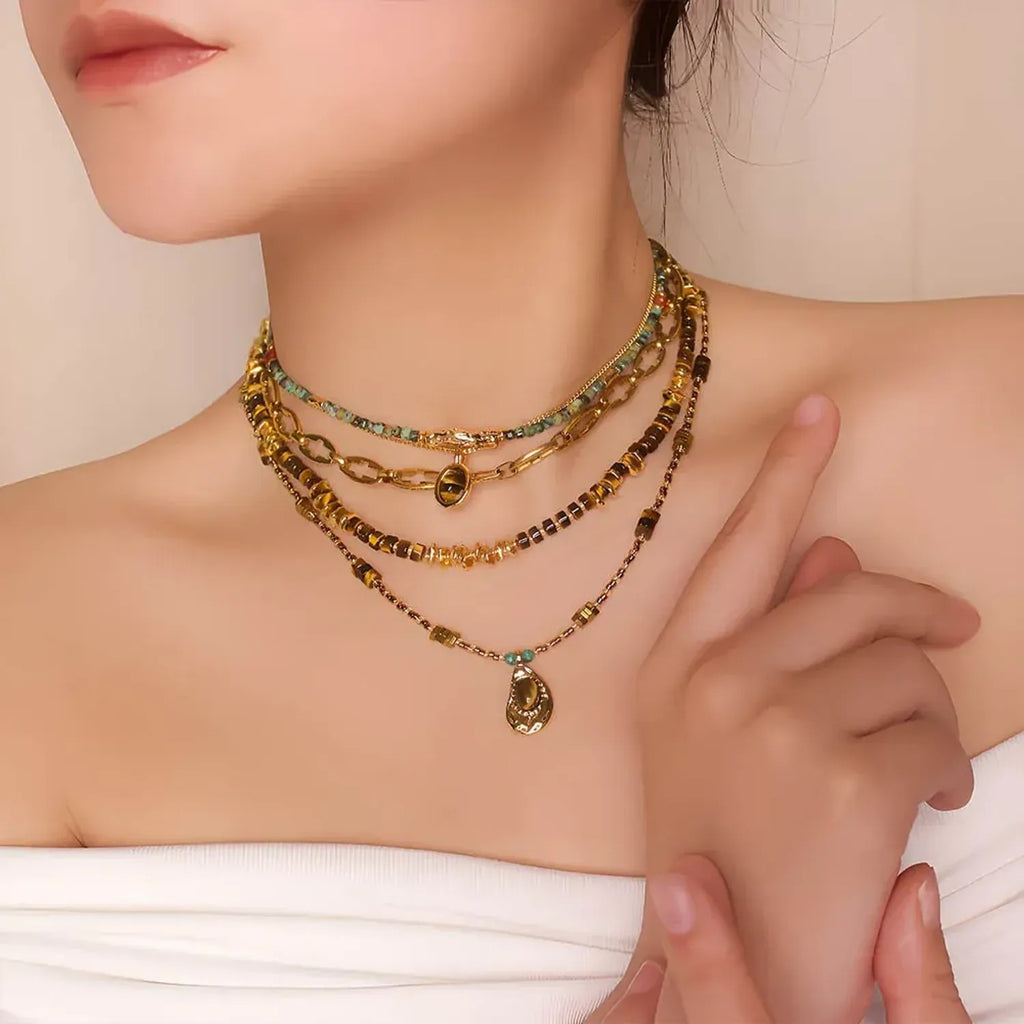 Linda's Look Vintage Tiger's Eye Beaded Necklace - Hand-Strung Stainless Steel Pendant