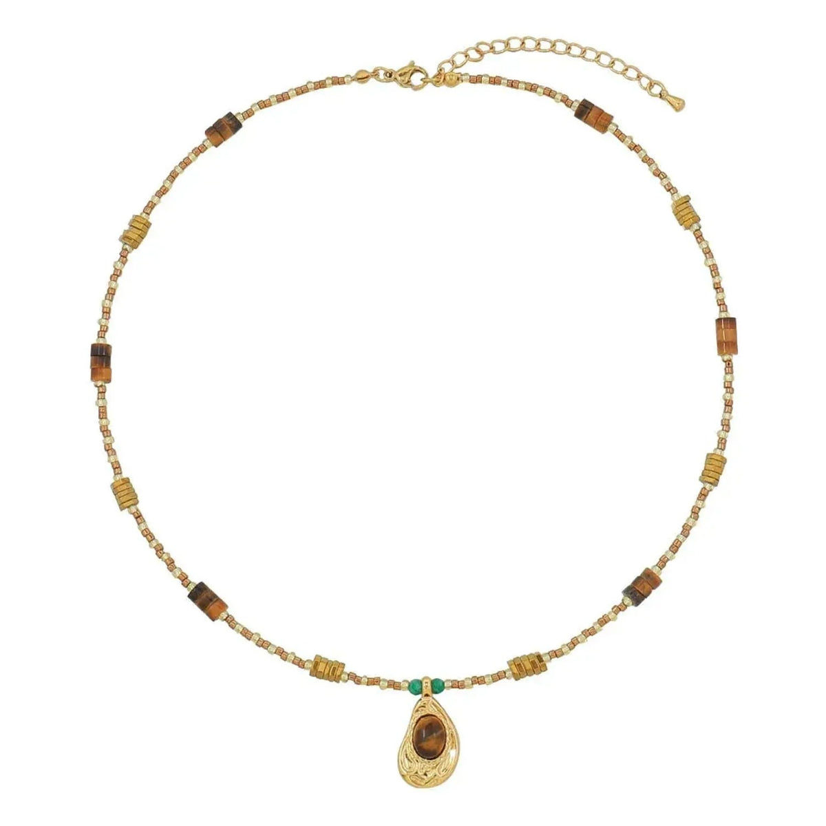 Linda's Look Vintage Tiger's Eye Beaded Necklace - Hand-Strung Stainless Steel Pendant