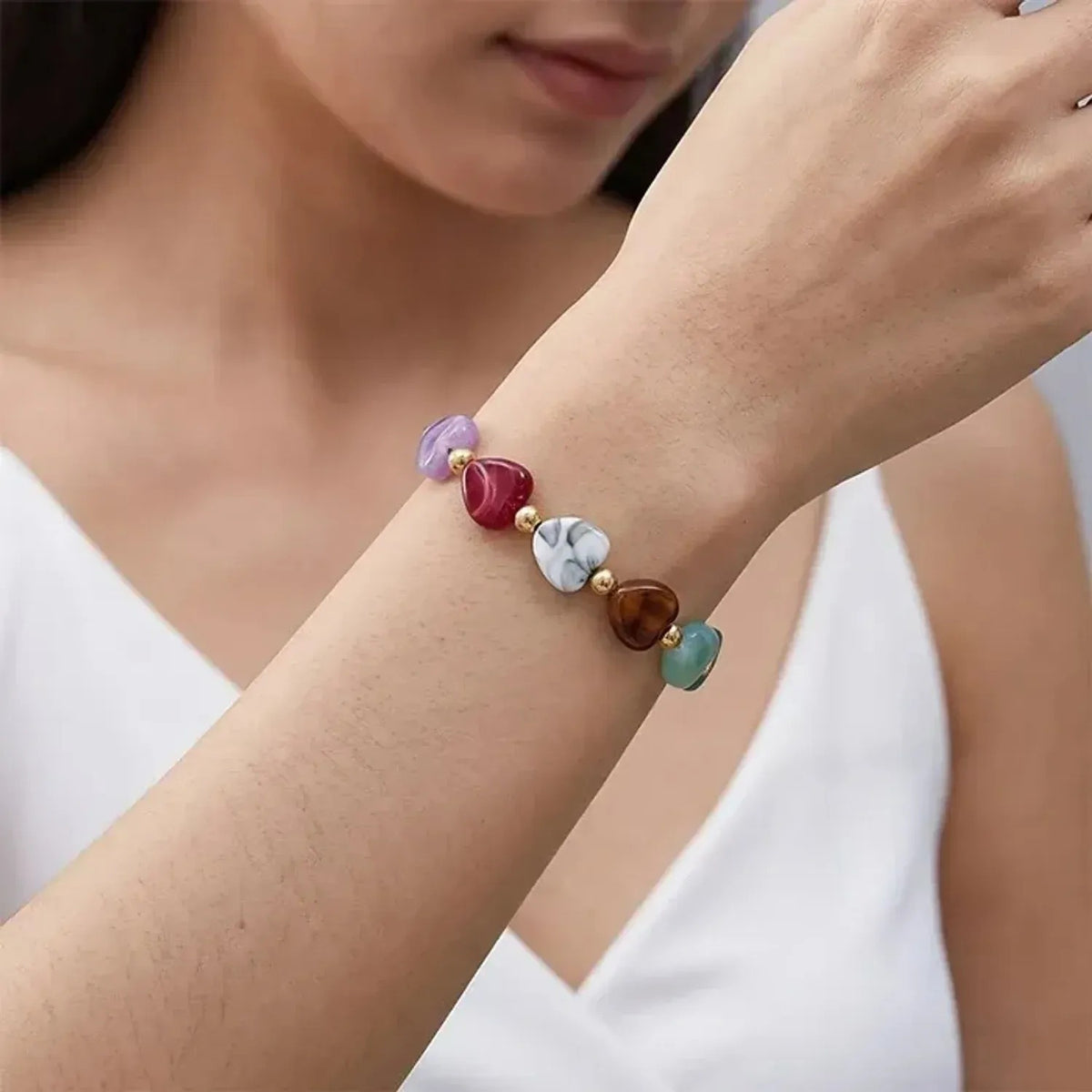 Marbled Heart Glass Bead Bracelet - Gold Bracelets for Women