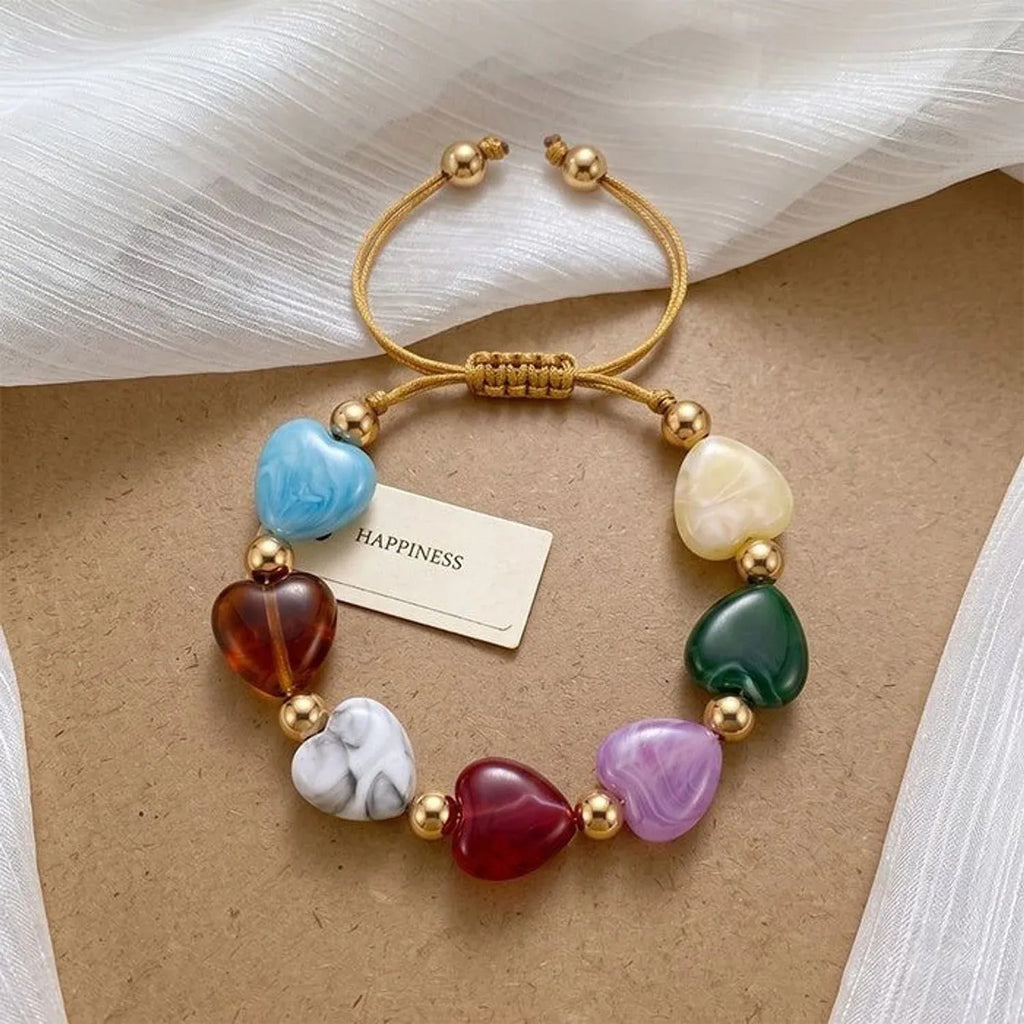 Marbled Heart Glass Bead Bracelet - Gold Bracelets for Women