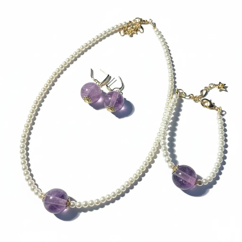Minan Vintage Purple Pearl Necklace, Bracelet & Earrings Set