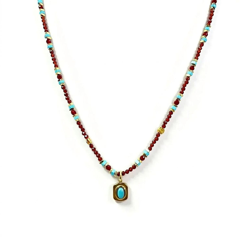 Modern Heritage Tablet Pendant Necklace with Red and Blue Faceted Crystal Beads Jewelry