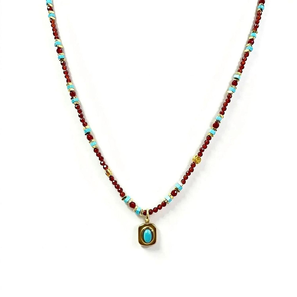 Modern Heritage Tablet Pendant Necklace with Red and Blue Faceted Crystal Beads Jewelry