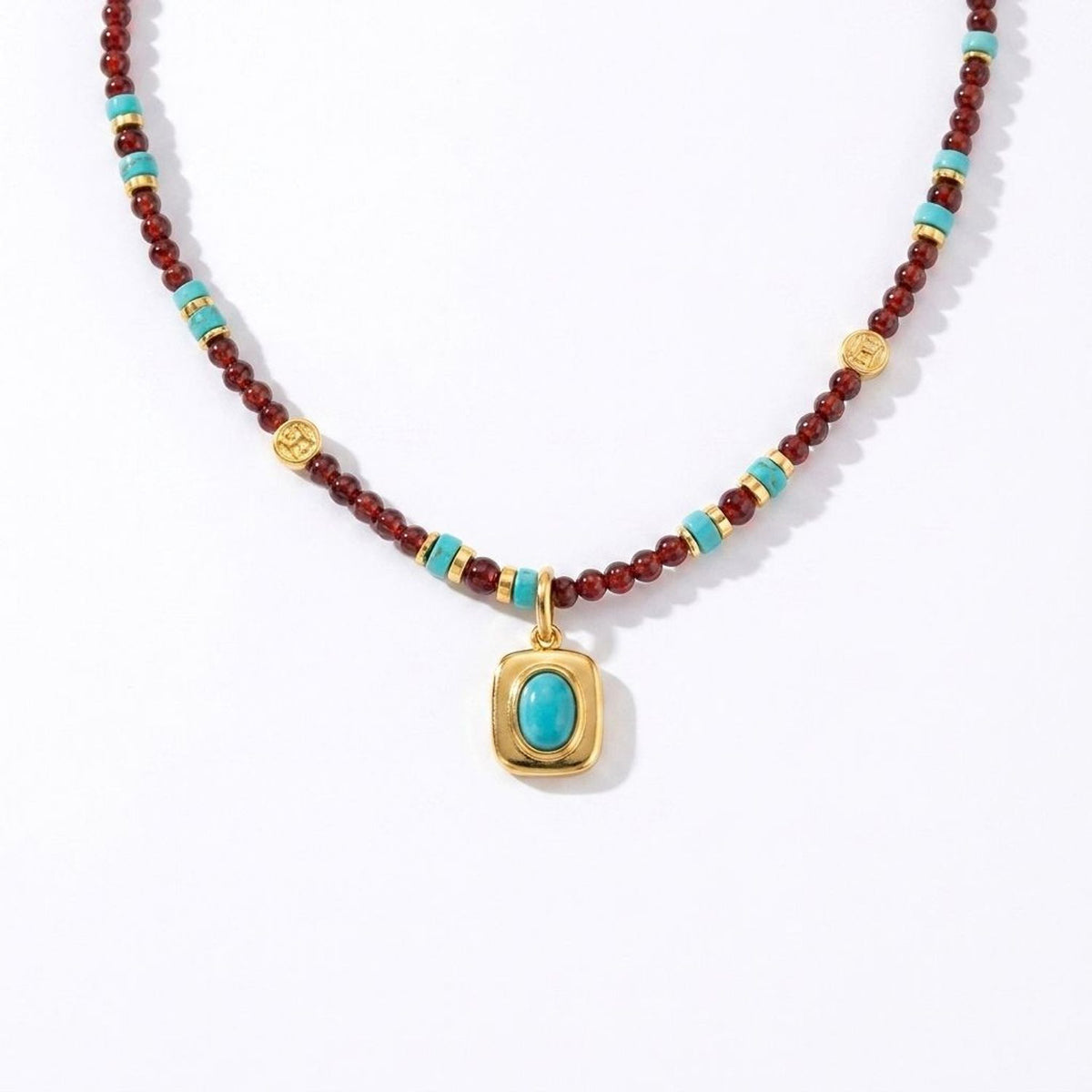 Modern Heritage Tablet Pendant Necklace with Red and Blue Faceted Crystal Beads Jewelry