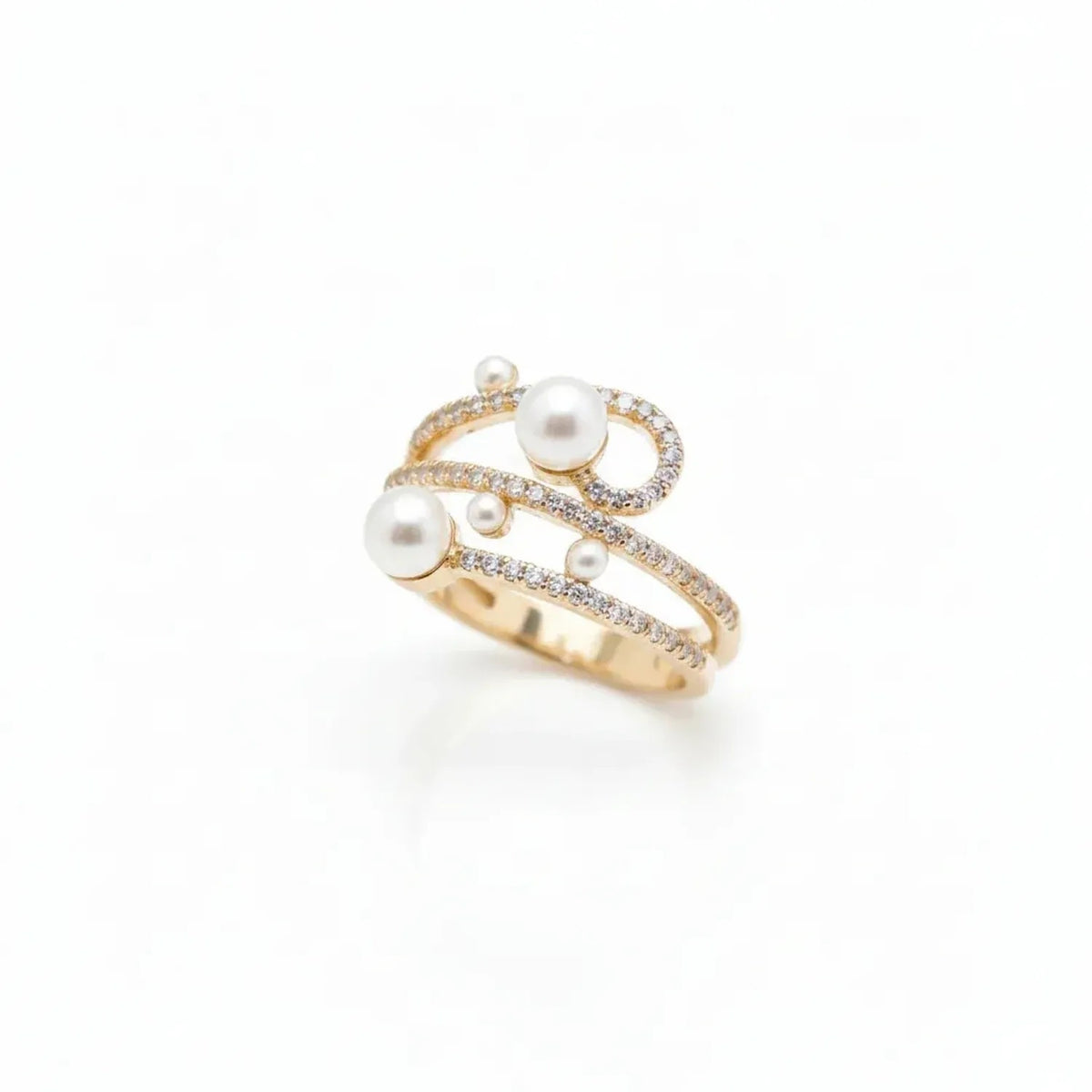 Multi-Layer Pearl & Zirconia Open Adjustable Ring for Women