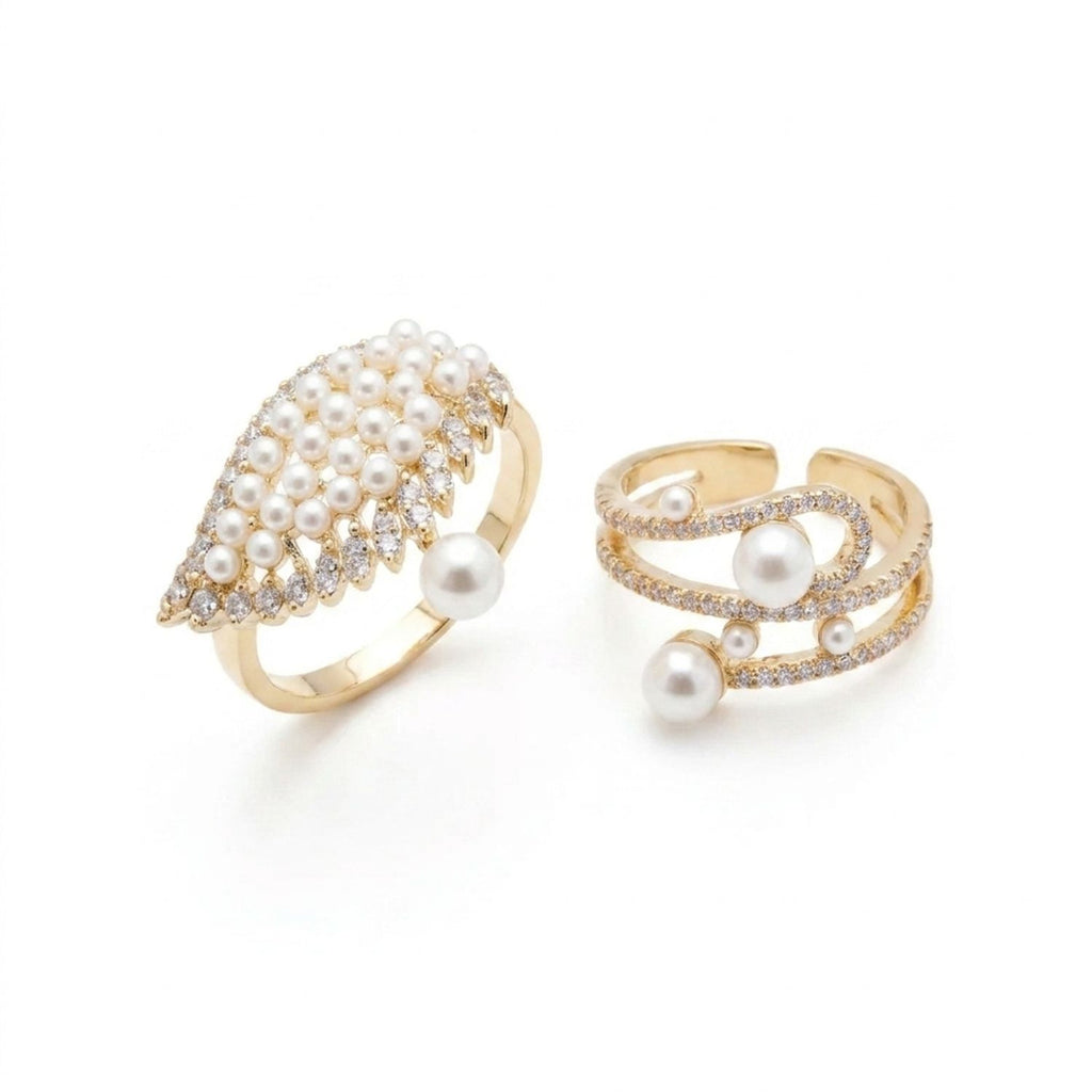 Multi-Layer Pearl & Zirconia Open Adjustable Ring for Women — all variants