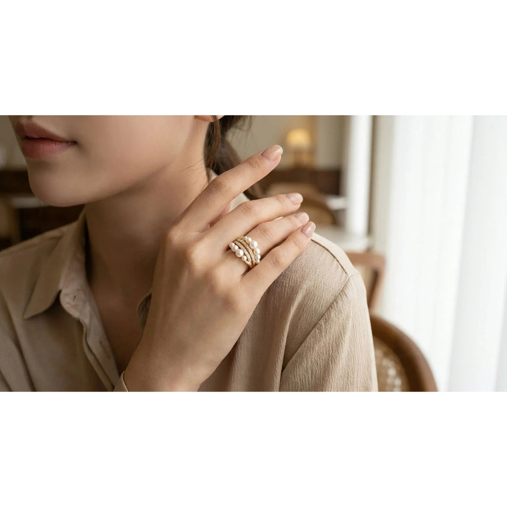 Multi-Layer Pearl & Zirconia Open Adjustable Ring for Women