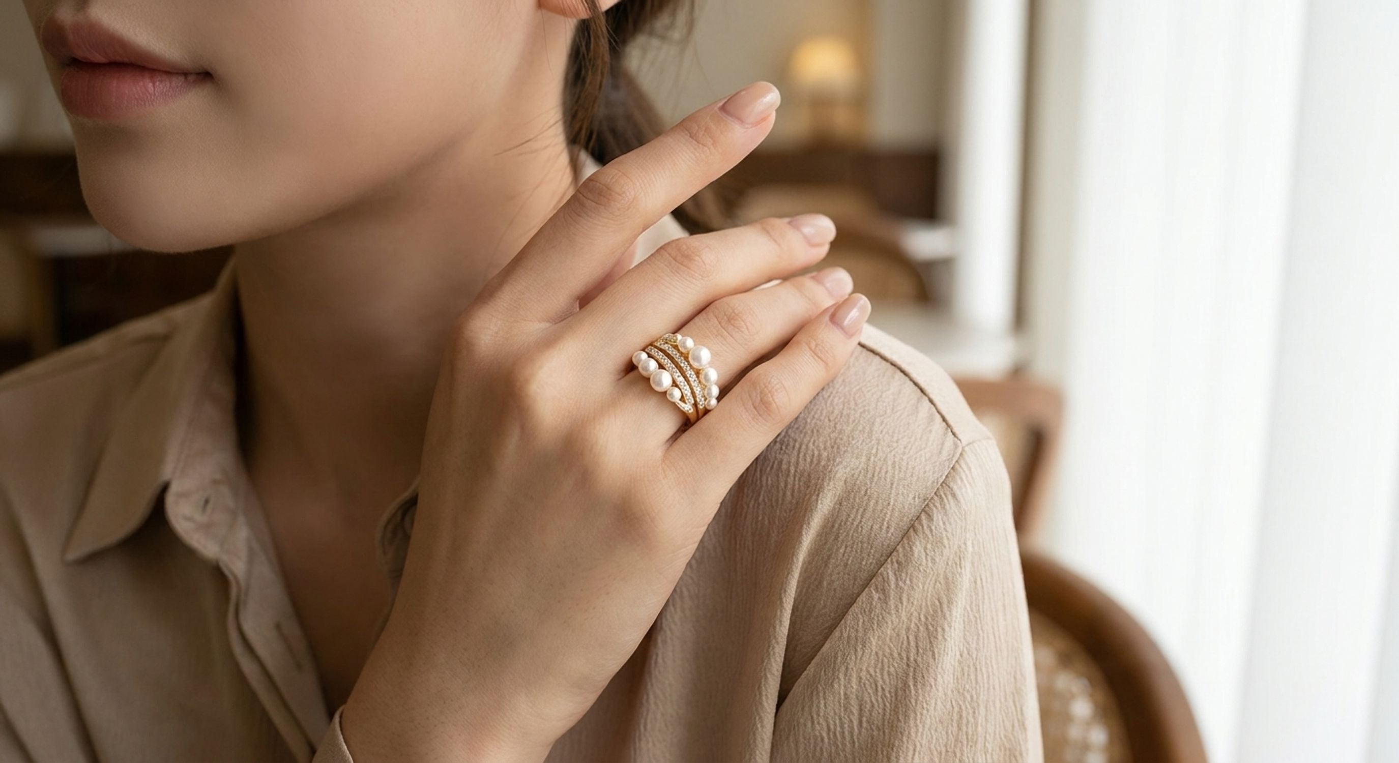 Multi-Layer Pearl & Zirconia Open Adjustable Ring for Women — lifestyle