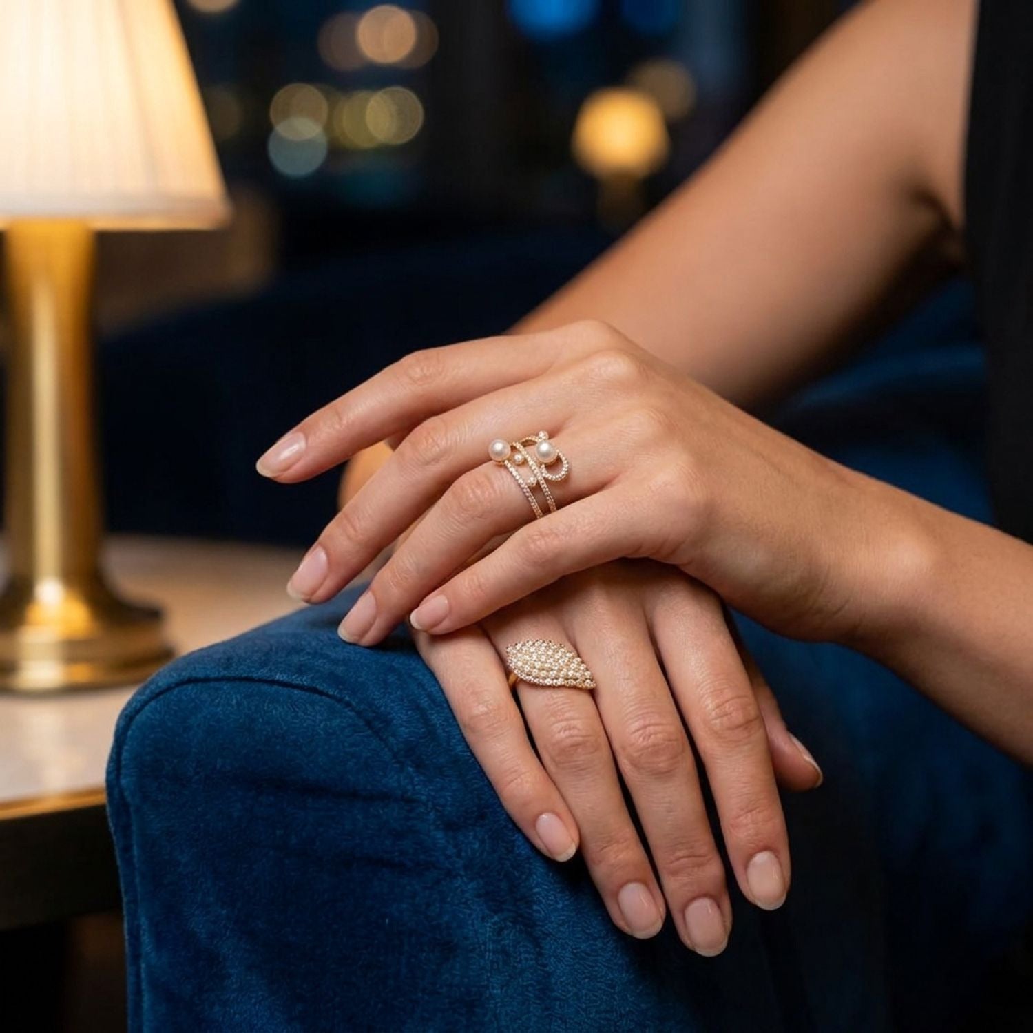 Multi-Layer Pearl & Zirconia Open Adjustable Ring for Women — lifestyle