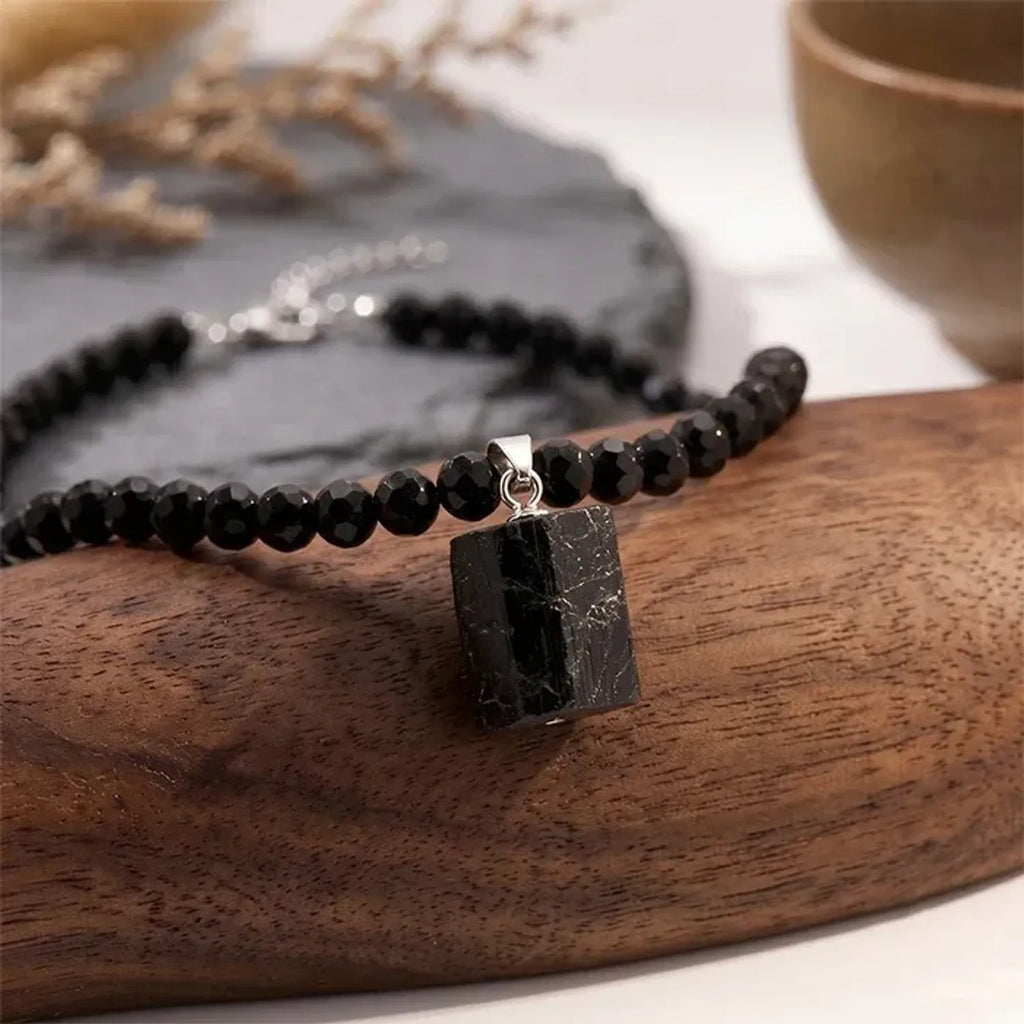 Natural Black Tourmaline Pendant Necklace With Resin Beads Protection Stone Amulet, Boho Healing Crystal Jewelry For Women Men