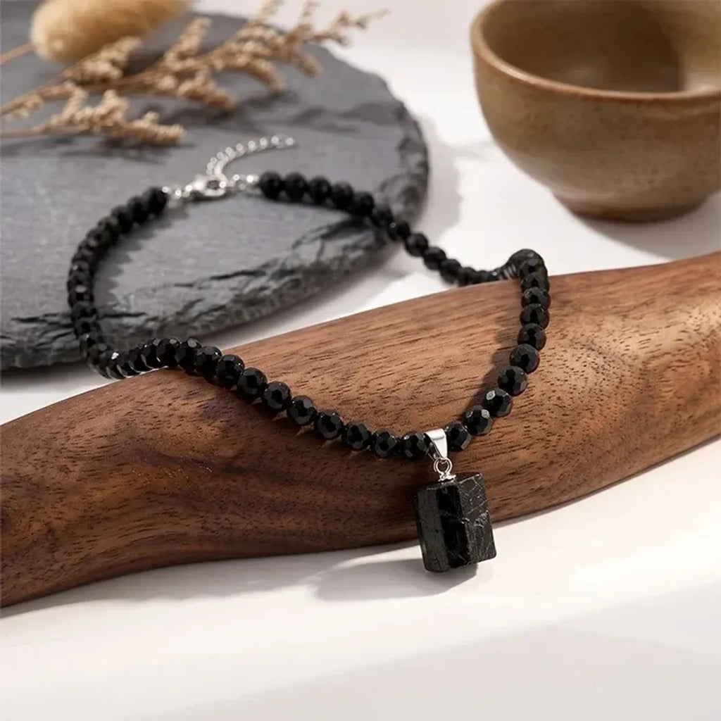Natural Black Tourmaline Pendant Necklace With Resin Beads Protection Stone Amulet, Boho Healing Crystal Jewelry For Women Men
