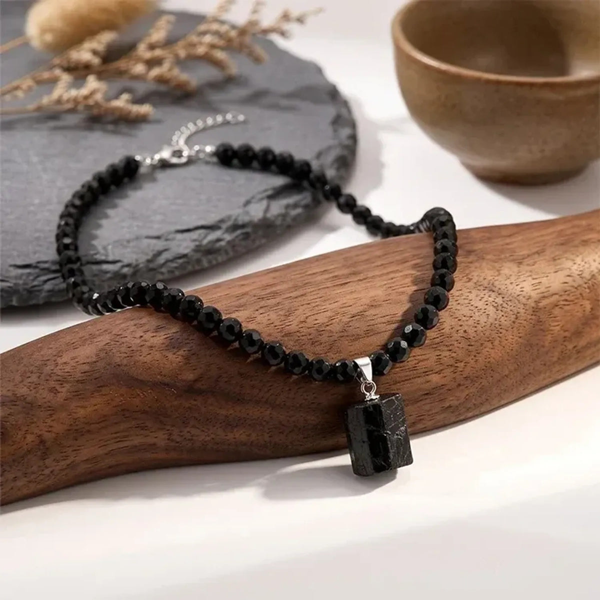 Natural Black Tourmaline Pendant Necklace With Resin Beads Protection Stone Amulet, Boho Healing Crystal Jewelry For Women Men