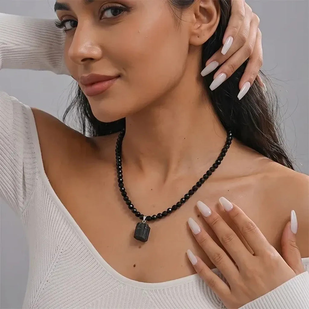 Natural Black Tourmaline Pendant Necklace With Resin Beads Protection Stone Amulet, Boho Healing Crystal Jewelry For Women Men