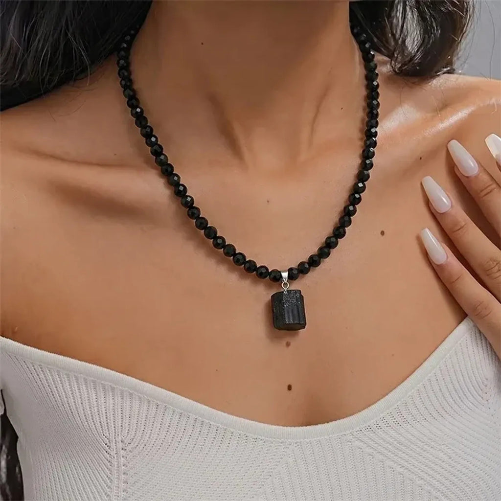 Natural Black Tourmaline Pendant Necklace With Resin Beads Protection Stone Amulet, Boho Healing Crystal Jewelry For Women Men