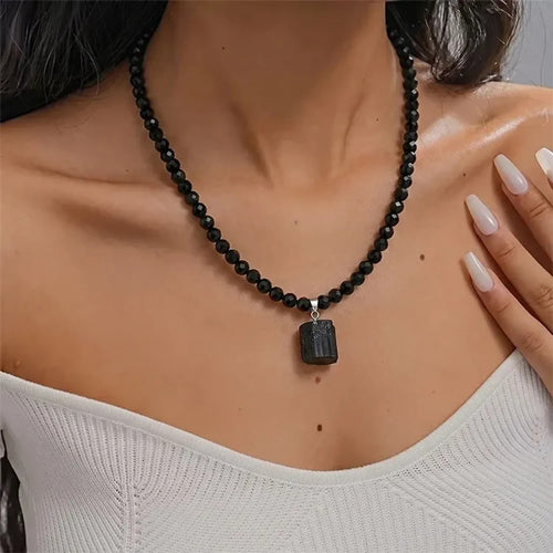 Natural Black Tourmaline Pendant Necklace With Resin Beads Protection Stone Amulet, Boho Healing Crystal Jewelry For Women Men