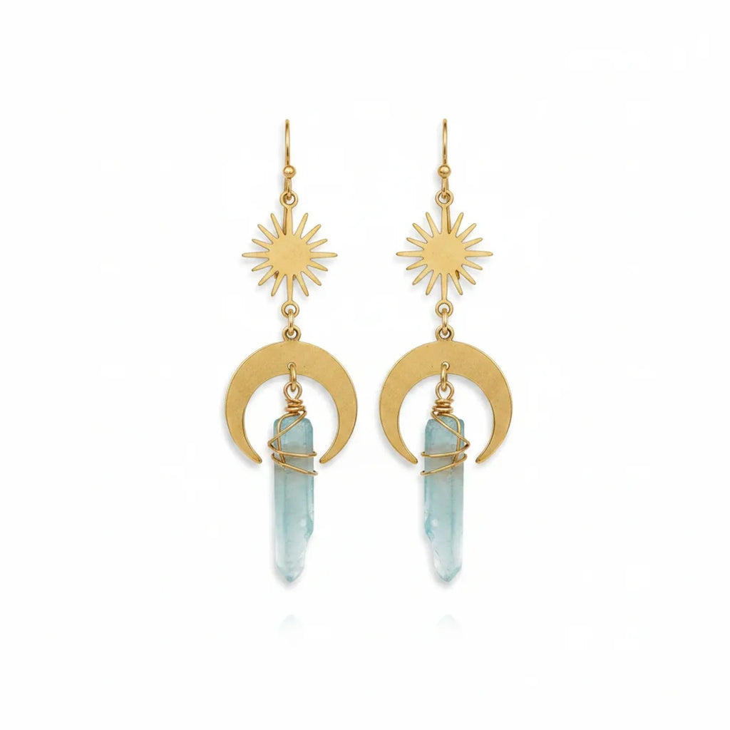Natural Crystal Column Earrings — Amethyst, Rose Quartz & Turquoise