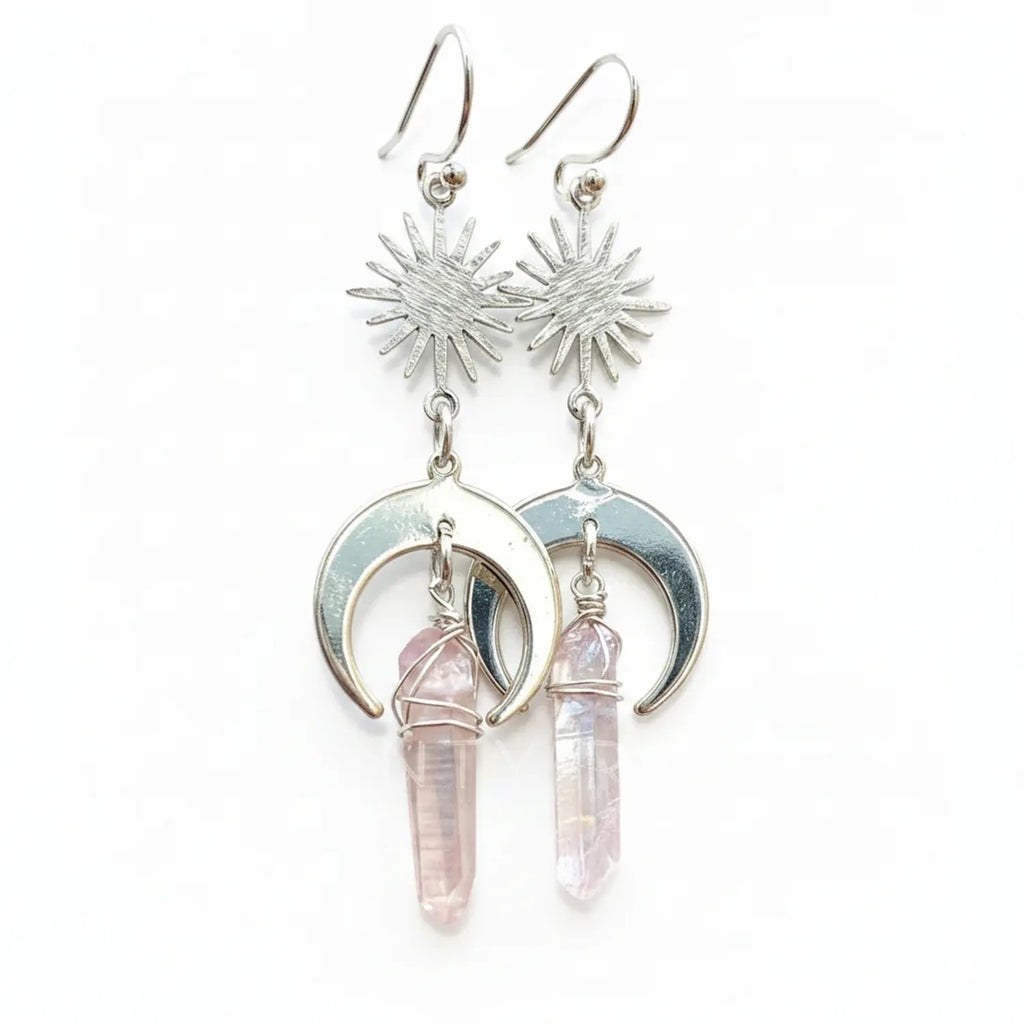 Natural Crystal Column Earrings — Amethyst, Rose Quartz & Turquoise