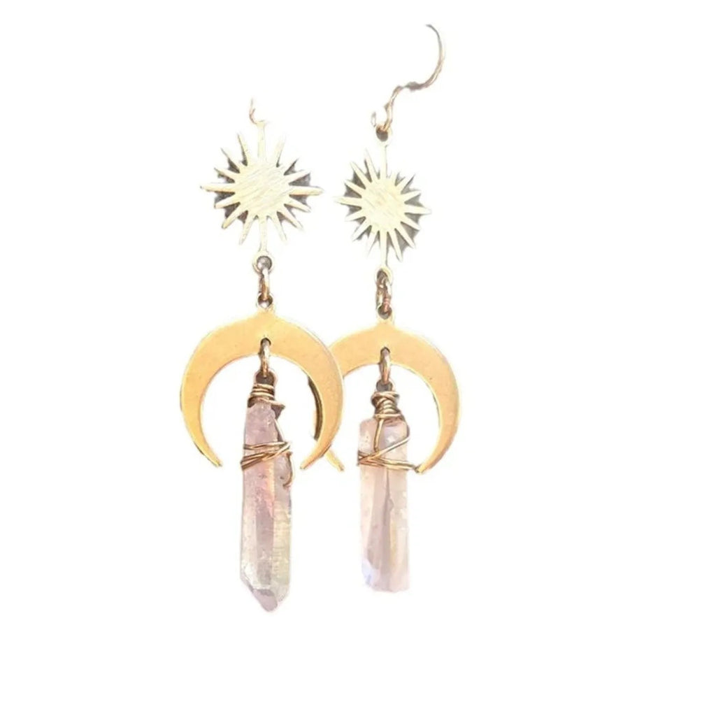 Natural Crystal Column Earrings — Amethyst, Rose Quartz & Turquoise