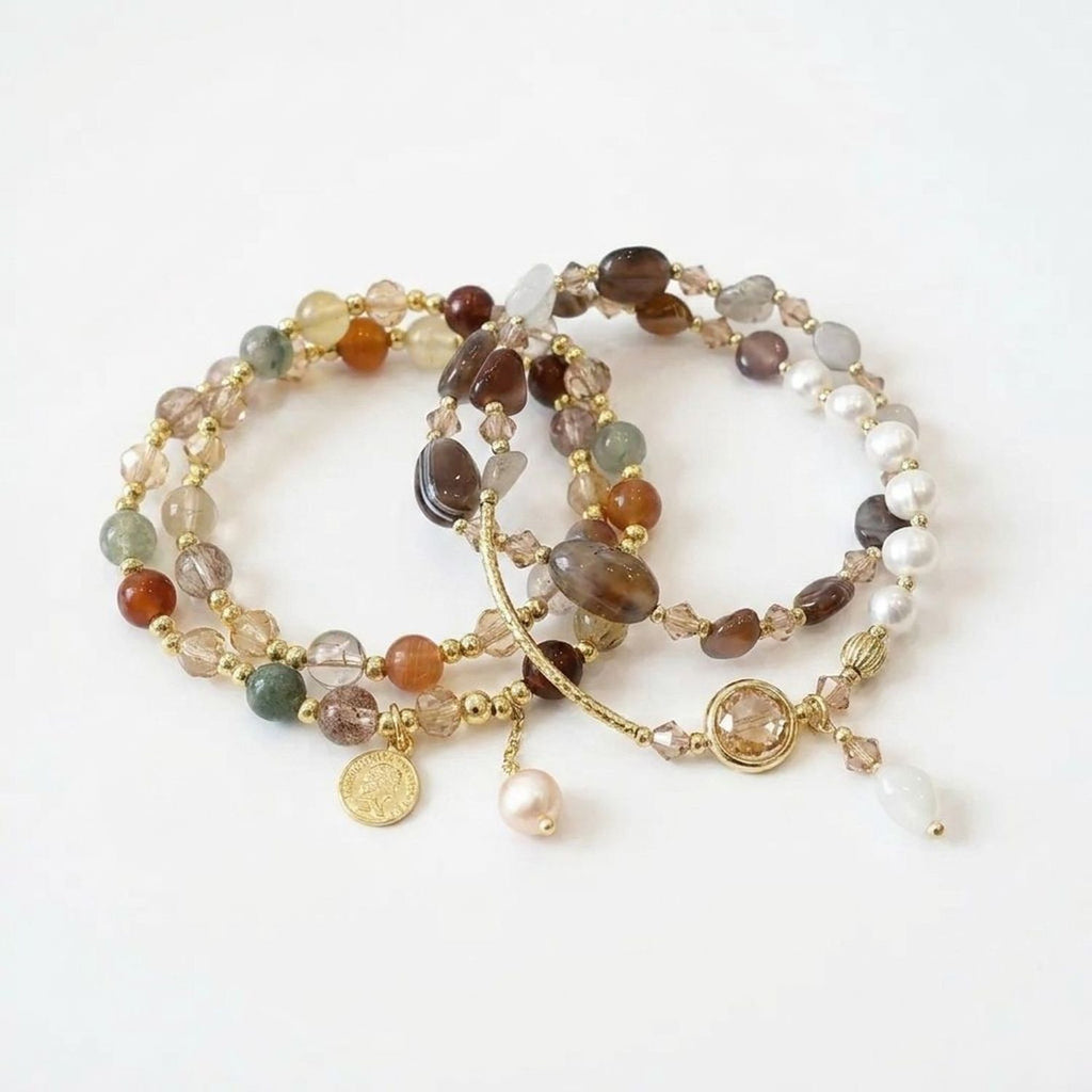 Natural Stone & Freshwater Pearl Double-Strand Bracelets for Women — all variants