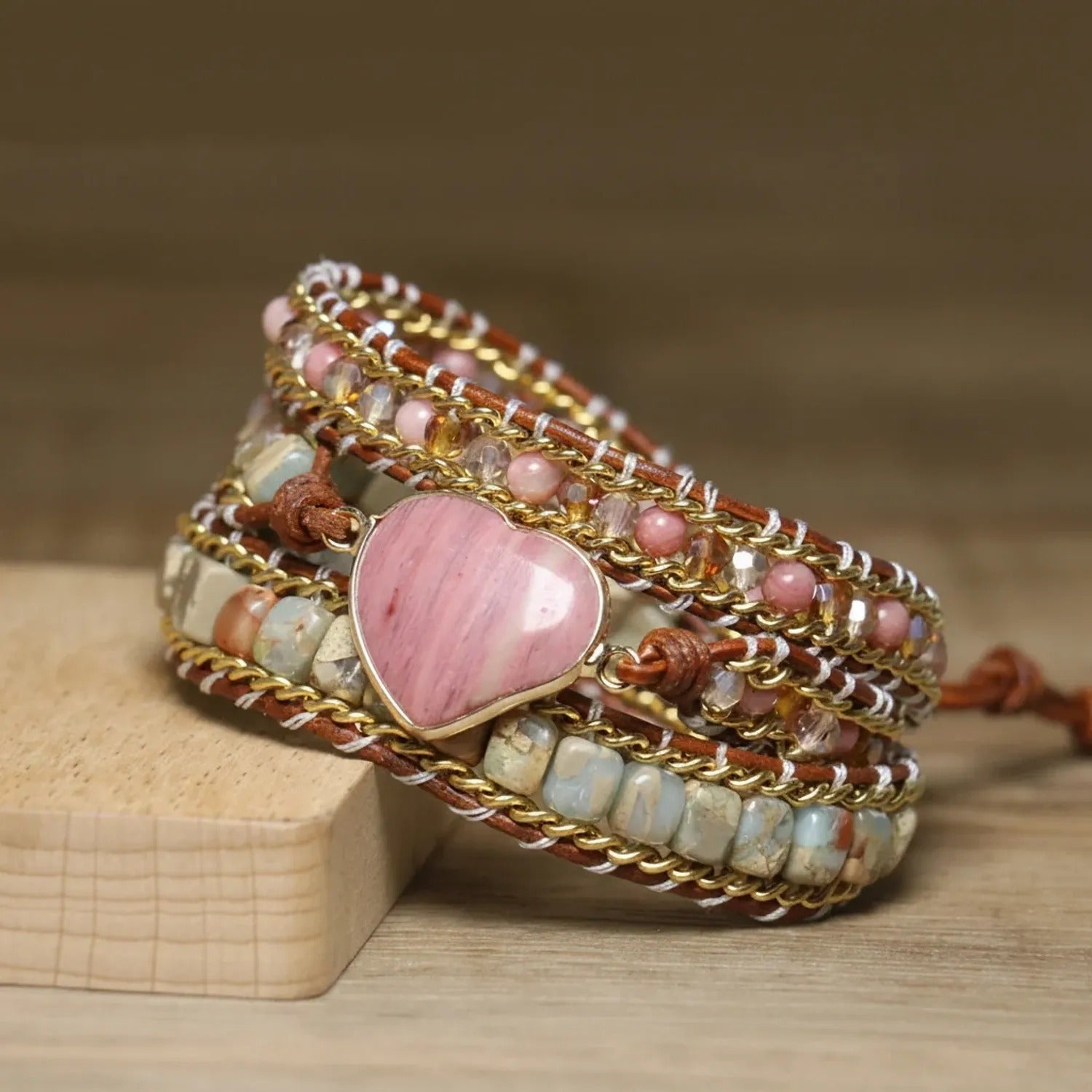 Natural Stone Rosewood Heart-Shaped Beaded Bracelet