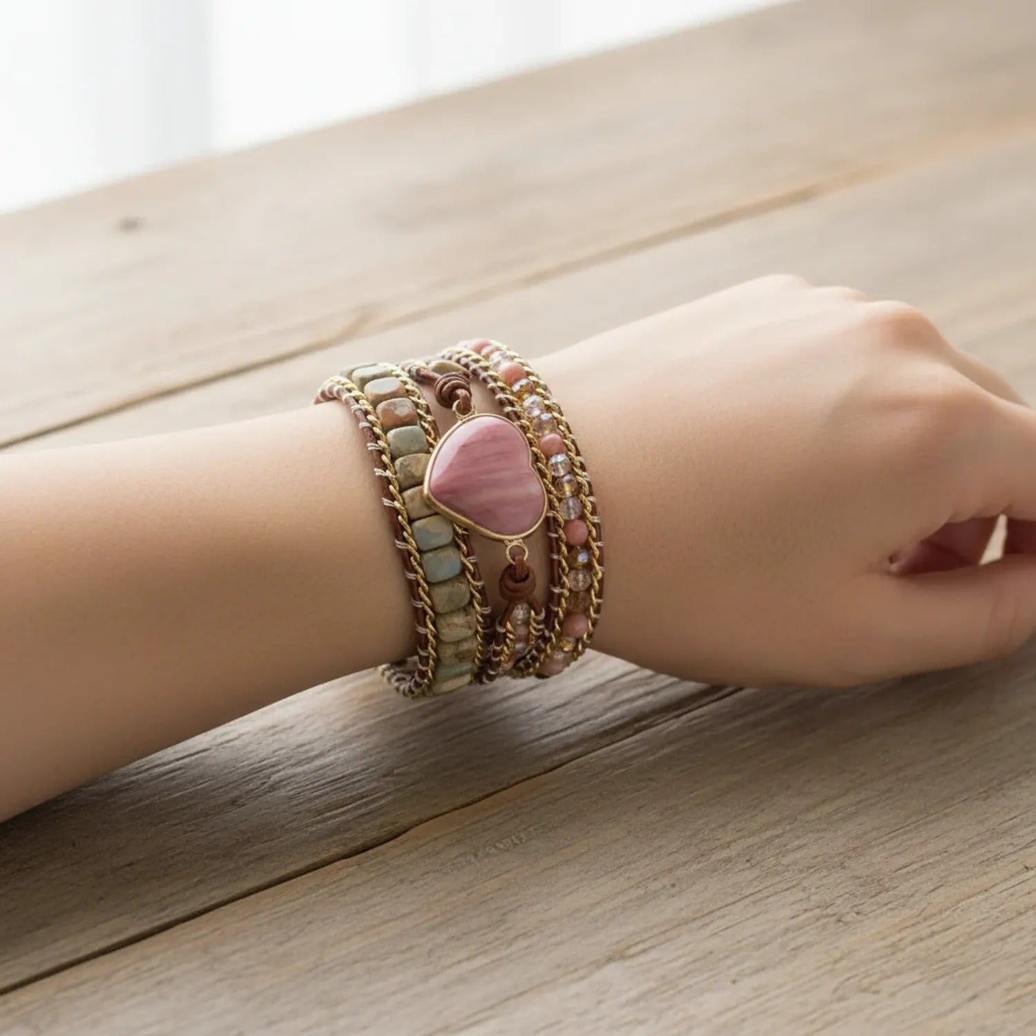 Natural Stone Rosewood Heart-Shaped Beaded Bracelet