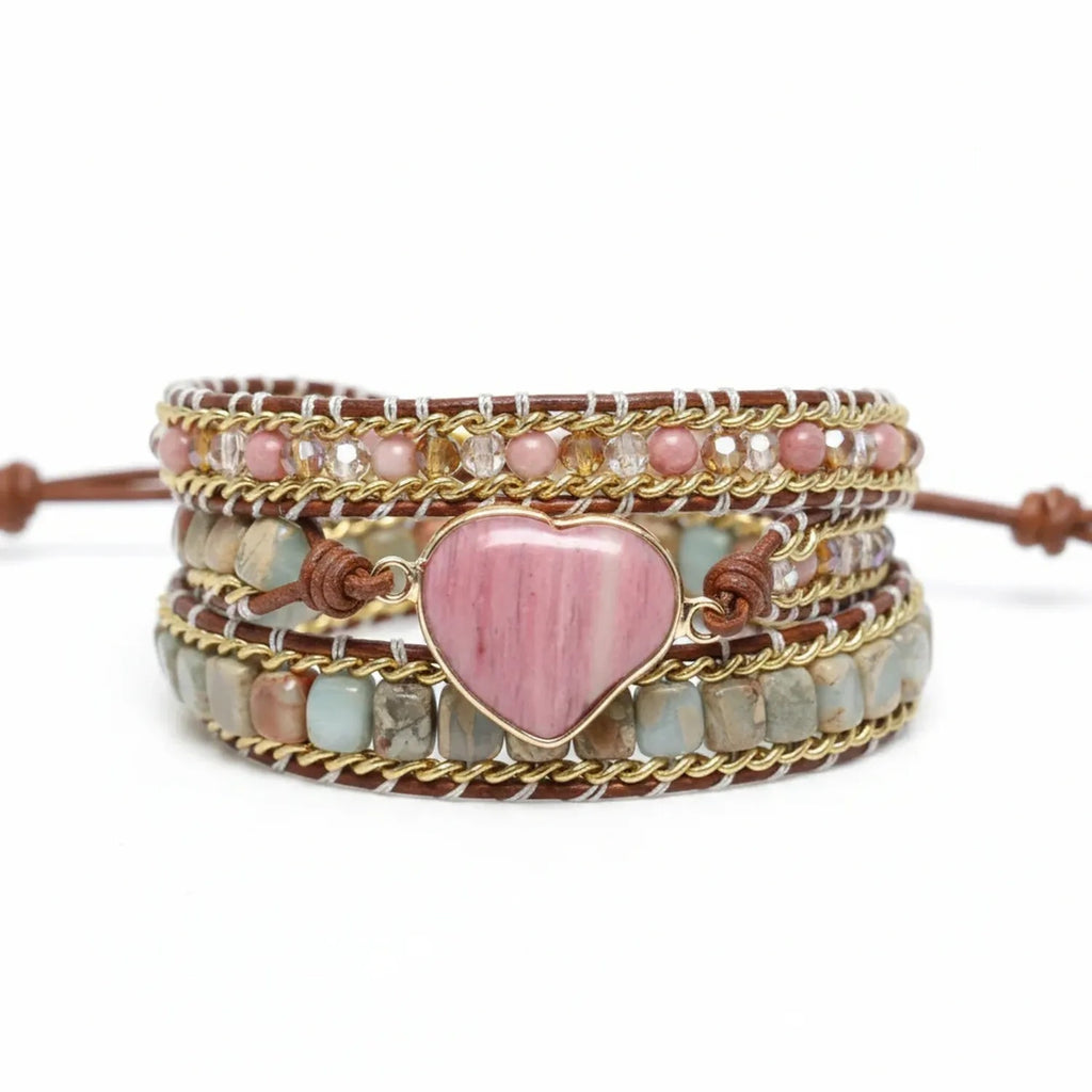 Natural Stone Rosewood Heart-Shaped Beaded Bracelet