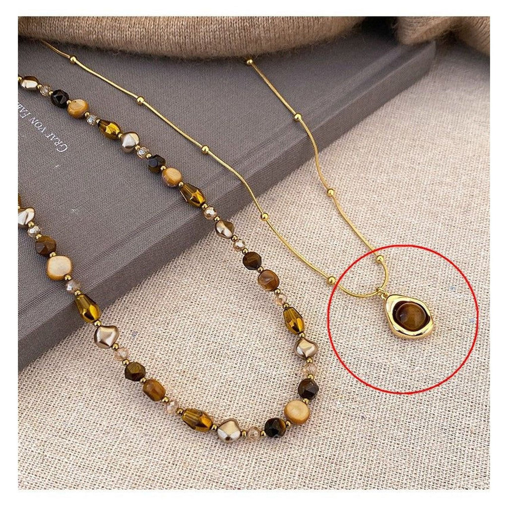Natural Tiger Eye Stone Beaded Layered Necklace - Gold Necklace Women Styling Gold Chain Accent